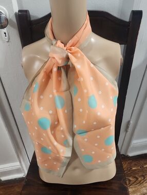 Vintage Liz Sinclair Coral with White/Turquoise Poka Dots Oblong Scarf NWOT